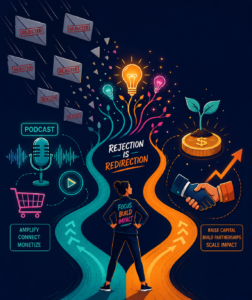 A stylized, flat illustration of a determined entrepreneur facing falling rejection envelopes. The envelopes transform into glowing idea symbols and branching pathways. One path leads to a podcast cluster with a microphone, soundwaves, and a small shopping cart. The other path leads to fundraising symbols: a seedling on a coin and a handshake with an upward arrow. Use a deep navy background and vivid orange, teal, and magenta accents.