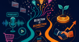 A stylized, flat illustration of a determined entrepreneur facing falling rejection envelopes. The envelopes transform into glowing idea symbols and branching pathways. One path leads to a podcast cluster with a microphone, soundwaves, and a small shopping cart. The other path leads to fundraising symbols: a seedling on a coin and a handshake with an upward arrow. Use a deep navy background and vivid orange, teal, and magenta accents.